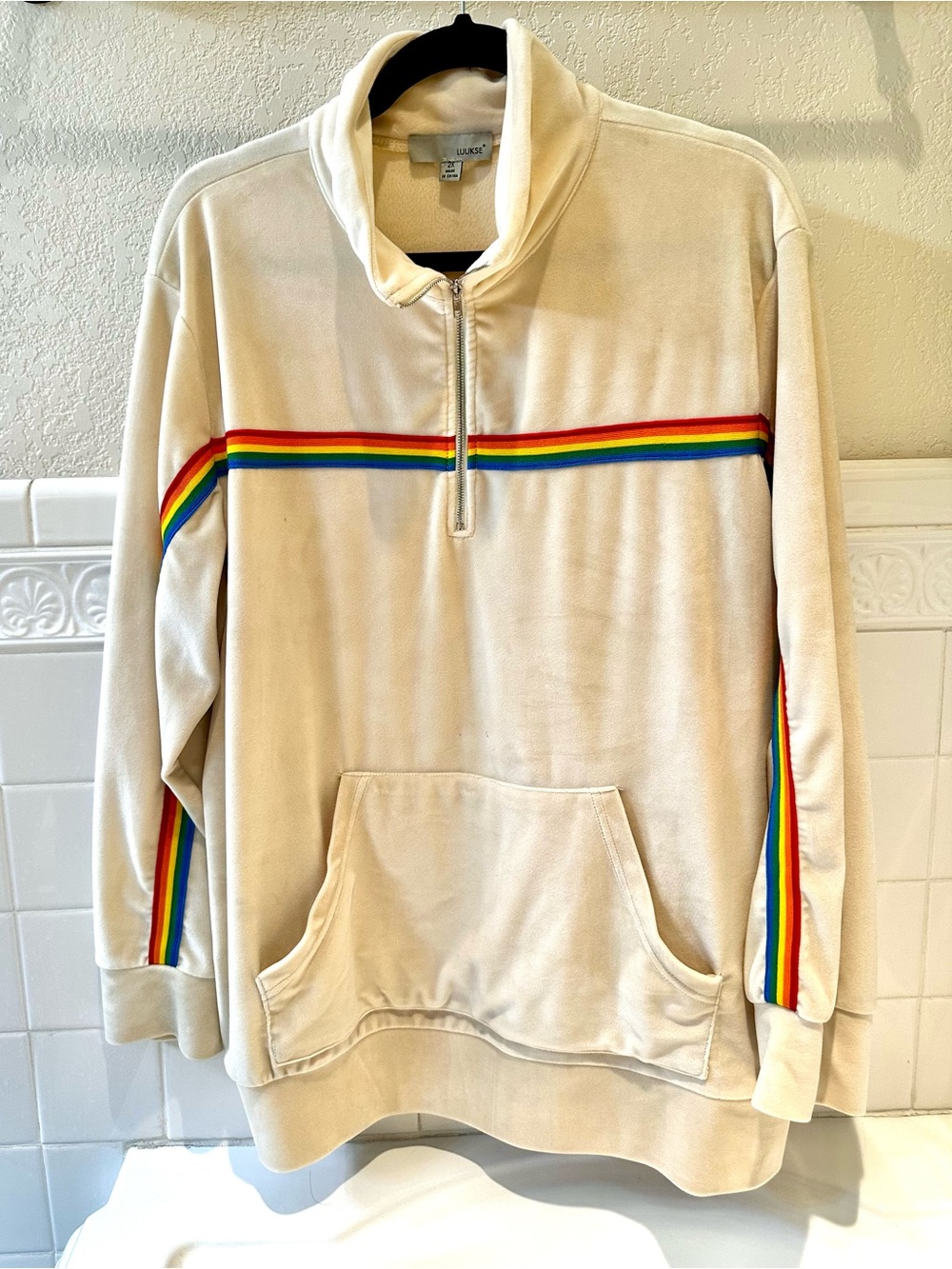 Comfy Retro Cream Velour Pullover with Rainbow Stripe 2XL